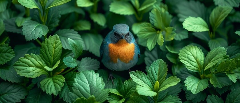 a small bird sitting on top of a lush green leaf covered field of leaves with a red and orange head.