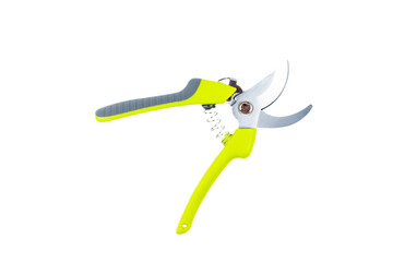 Steel gardening secateurs, scissors tool with green grip for pruning of plants and flowers, garden...