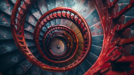 A spiral staircase with red steps and a blue background. The staircase is very long and winding, and the steps are very narrow. The staircase appears to be very old and has a vintage feel to it