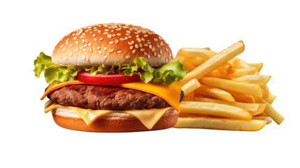 Set of single and double burger with french fries chips on transparent background