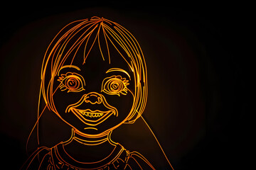 Creepy orange neon outline of a haunted doll isolated on black background.