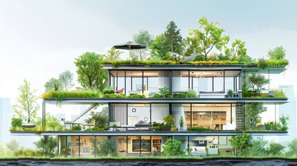 A tall building with a green roof and a garden on top. The building has three floors and is surrounded by trees