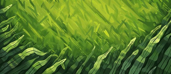 An intricate close up of a painting featuring a field of vibrant green grass, showcasing the beauty of the terrestrial plant and its pattern in nature - obrazy, fototapety, plakaty