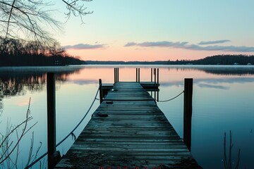 Fototapeta na wymiar Dawn Senary, A serene lakeside dock at dawn, lit by the soft hues of sunrise, AI generated