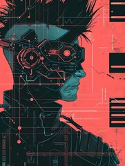 Hang on the wall a flag representing a cyberpunk musician, illustrated with simple network lines and nodes, showcasing a fusion of music and future tech