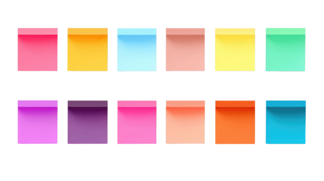 Shaded sticky post-it note paper with shadow . Many assorted different colours isolated on transparent background