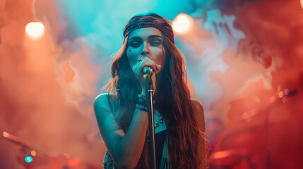 A female musician with long hair and a headband stands against a concert background