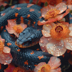 Black snakes in flowers, Aesthetic mytery photography