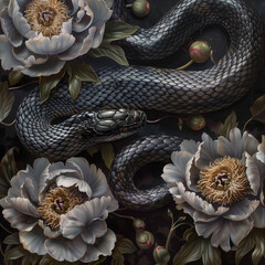 Black snakes in flowers, Aesthetic mytery photography