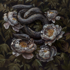 Black snakes in flowers, Aesthetic mytery photography
