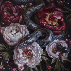 Black snakes in flowers, Aesthetic mytery photography