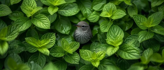 a small bird sitting on top of a lush green leaf filled plant filled with green leaves and green leaves surrounding it. - obrazy, fototapety, plakaty