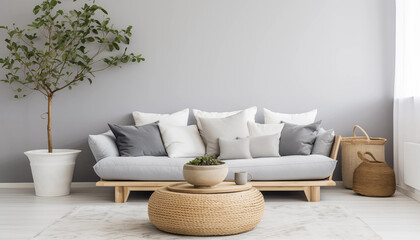Fototapeta na wymiar Stylish living room interior with gray sofa pillows coffee table and decorative potted plant in white pot next to it
