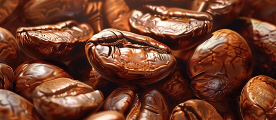 A close up of a pile of coffee beans, a staple food ingredient used in cuisine and recipes to create the art of brewing the popular beverage