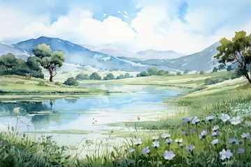 Foto auf Glas A soft watercolor landscape of rolling hills and lakes, AI-generated © Tanu