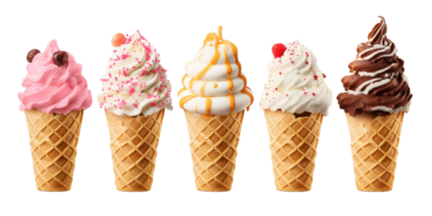 Soft serve Yoghurt Ice cream swirl on waffle cone on transparent background. Many assorted different flavour Mockup template for artwork