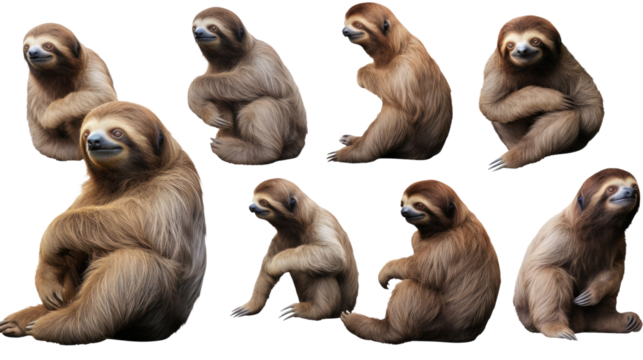Sloth, many angles and view portrait side back head shot isolated on transparent background