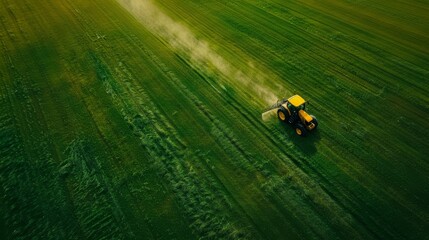 A high-angled aerial view captures a yellow tractor diligently spraying fertilizer over a lush green field
