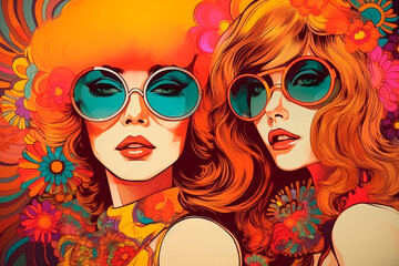 Portrait of two glamorous ladies in psychedelic style.