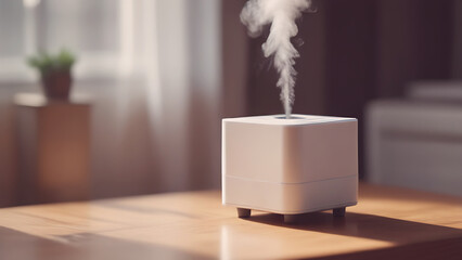 Home portable air humidifier produces a stream of steam, disinfecting and humidifying the air in the room