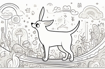 Coloring page with cute puppy. Black and white illustration..