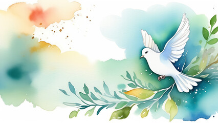 Watercolor illustration of white Dove of Peace and olive tree twig on pastel blue sky background - obrazy, fototapety, plakaty
