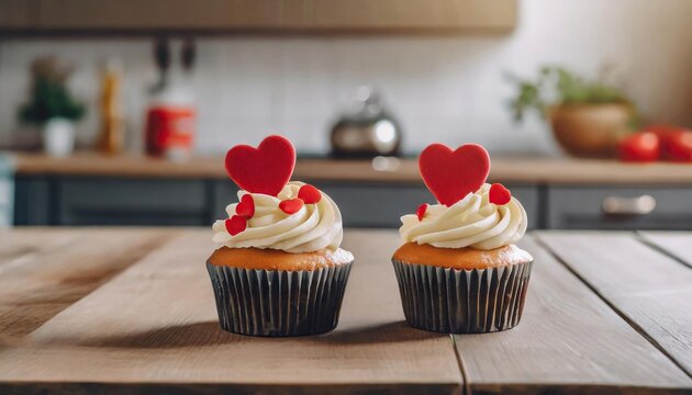 Two cupcakes decorated with red heart on modern wooden table on the background of kitchen, copy space.