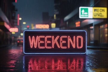 Slogan weekend neon light sign text effect on a rainy night street, horizontal composition