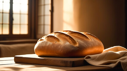 loaf of wheat bread on a board in a rural kitchen - obrazy, fototapety, plakaty