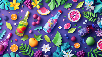 A flat vector illustration of a violet background with many colorful plastic bottles