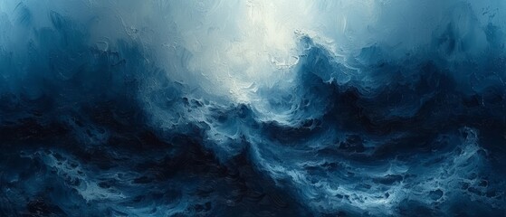 a painting of a blue and white wave with a light shining through the top of the wave and the bottom of the wave to the bottom of the wave.