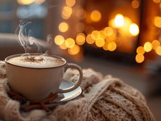 A cup of coffee with a sprinkle of chocolate powder served in a comfortable atmosphere and illuminated by the dull light of candles.