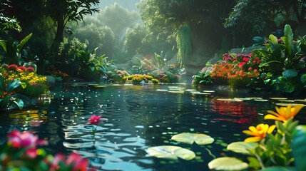 A tranquil pond surrounded by lush greenery and colorful flowers