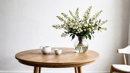 White wildflowers in paunchy vase on round wooden brown table against empty gray wall. Minimalistic interior. Scandinavian style. Copy space.