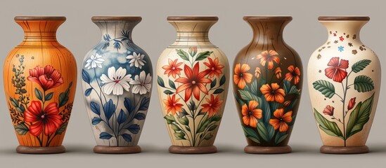 A row of five vases with floral artwork displayed on them, showcasing a beautiful blend of art and nature. Each pottery artifact serves as a creative canvas for the vibrant flowers
