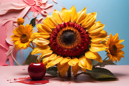 Abstract sunflower and apple with 3D rendor