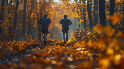  Two people jogging together through a scenic autumn forest bathed in golden sunlight.  © Dionysus