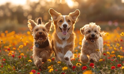 Three joyful dogs running through a field of flowers at sunset. - obrazy, fototapety, plakaty