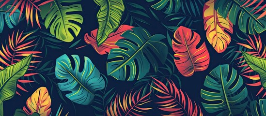 A pattern of colorful tropical leaves on a dark background creating a seamless design. The vibrant plant imagery brings an electric blue touch to the artwork