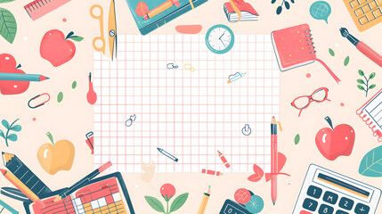 A likable flat cartoon vector layout with learning supplies, grid pattern in the core of the picture


