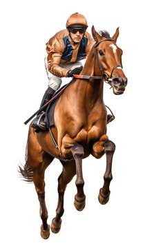 Horse jockey jumping with his horse on isolated background
