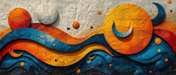 a painting on the side of a building with orange and blue waves and dots on the side of the building. - obrazy, fototapety, plakaty