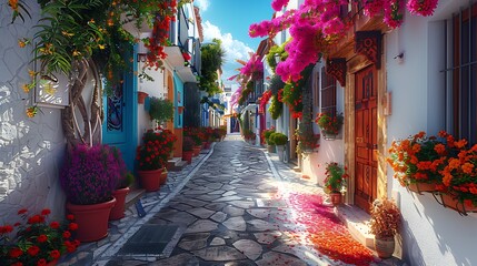 A picturesque view of a colorful Mediterranean alley adorned with vibrant flowers on a sunny day.