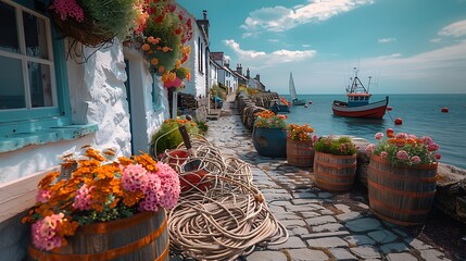 A scenic view of a quaint cobblestone street lined with flower pots and a view of moored sailboats under a clear blue sky. - obrazy, fototapety, plakaty