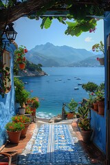 A picturesque view of a coastal scene through a vibrant blue alleyway adorned with flowers and planters, leading to a serene sea with mountains in the background. 