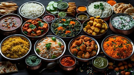 A diverse arrangement of vibrant and delicious Indian dishes displayed on a dark wooden table,...