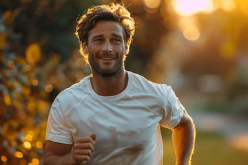 Keuken spatwand met foto A smiling man jogging during a sunny golden hour in a park setting with a natural blurred background.  © Dionysus
