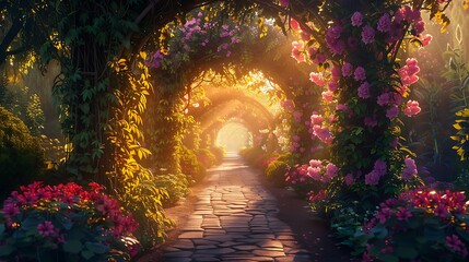 Enchanting garden pathway lined with vibrant flowers and lush greenery under a sunlight-dappled archway  - obrazy, fototapety, plakaty