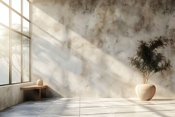Modern minimalist interior design with sunlight casting shadows on textured wall and decorative plant in a vase, creating a peaceful atmosphere. 