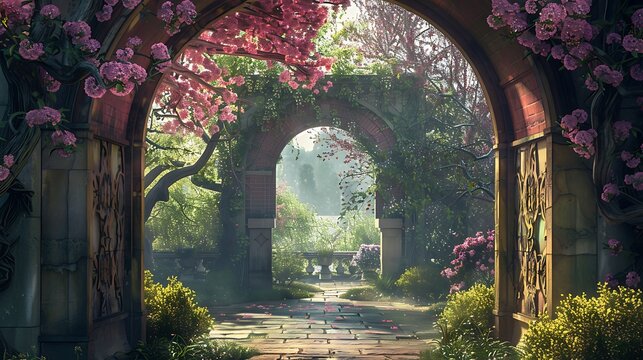 An enchanting garden archway adorned with pink blossoming flowers leads to a serene path and sunny landscape beyond